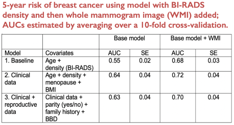 5-year risk prediction performance using the whole mammogram image